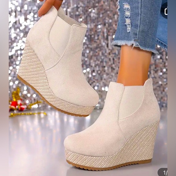 NIB Beige suede feel platform wedge ankle bootie. Super soft and comfortable! - Picture 2 of 10